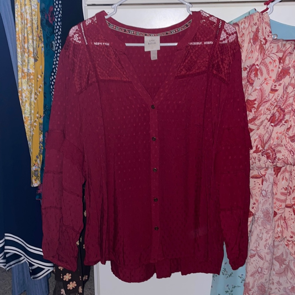 Target Xnox Rose Red Button Up Blouse with Lace Shoulders